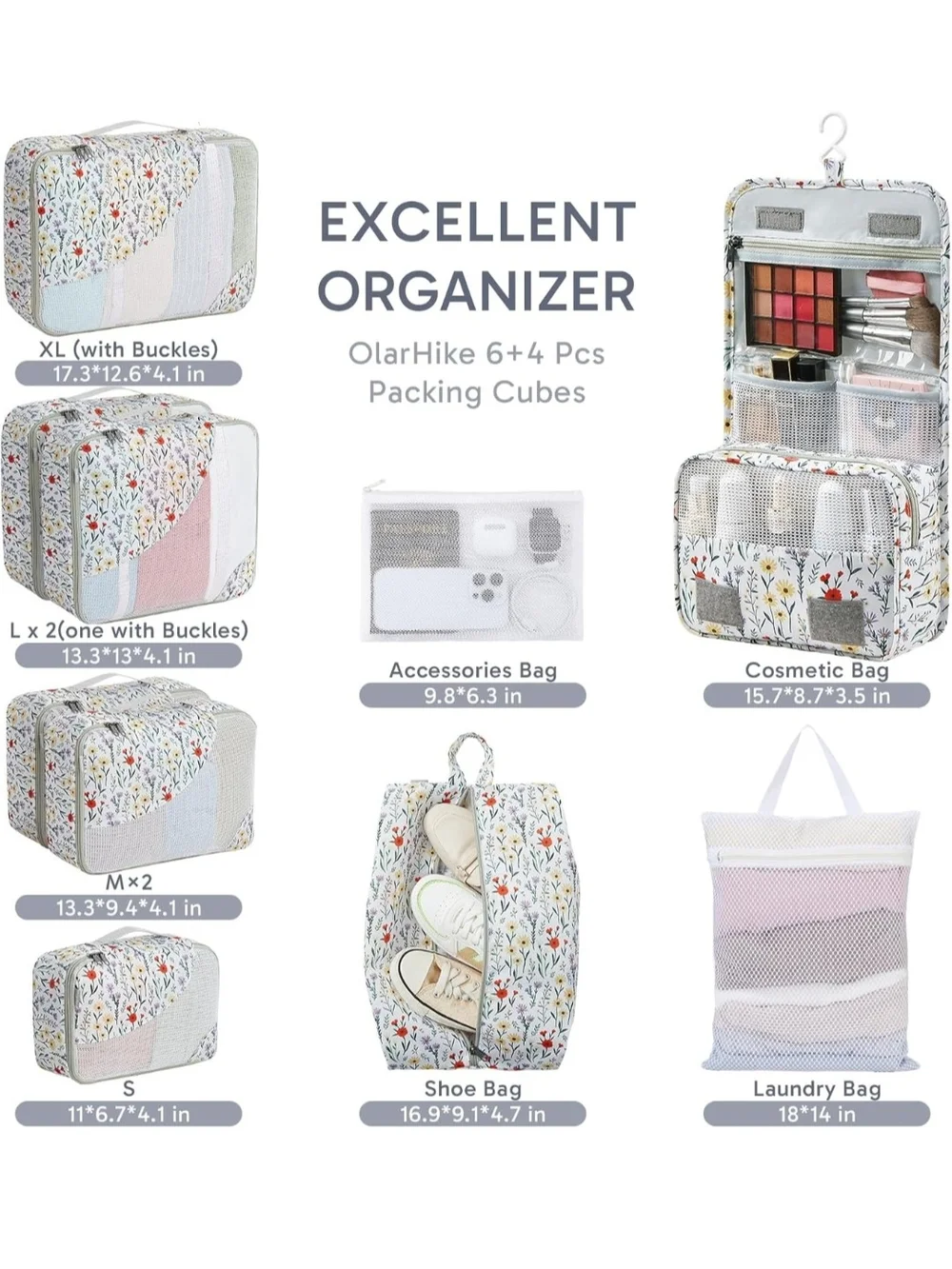 Floral Travel Packing Cube Set – White & Multicolor